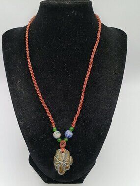 Handmade Macrame Necklace with Inca Mask and Natural Stone